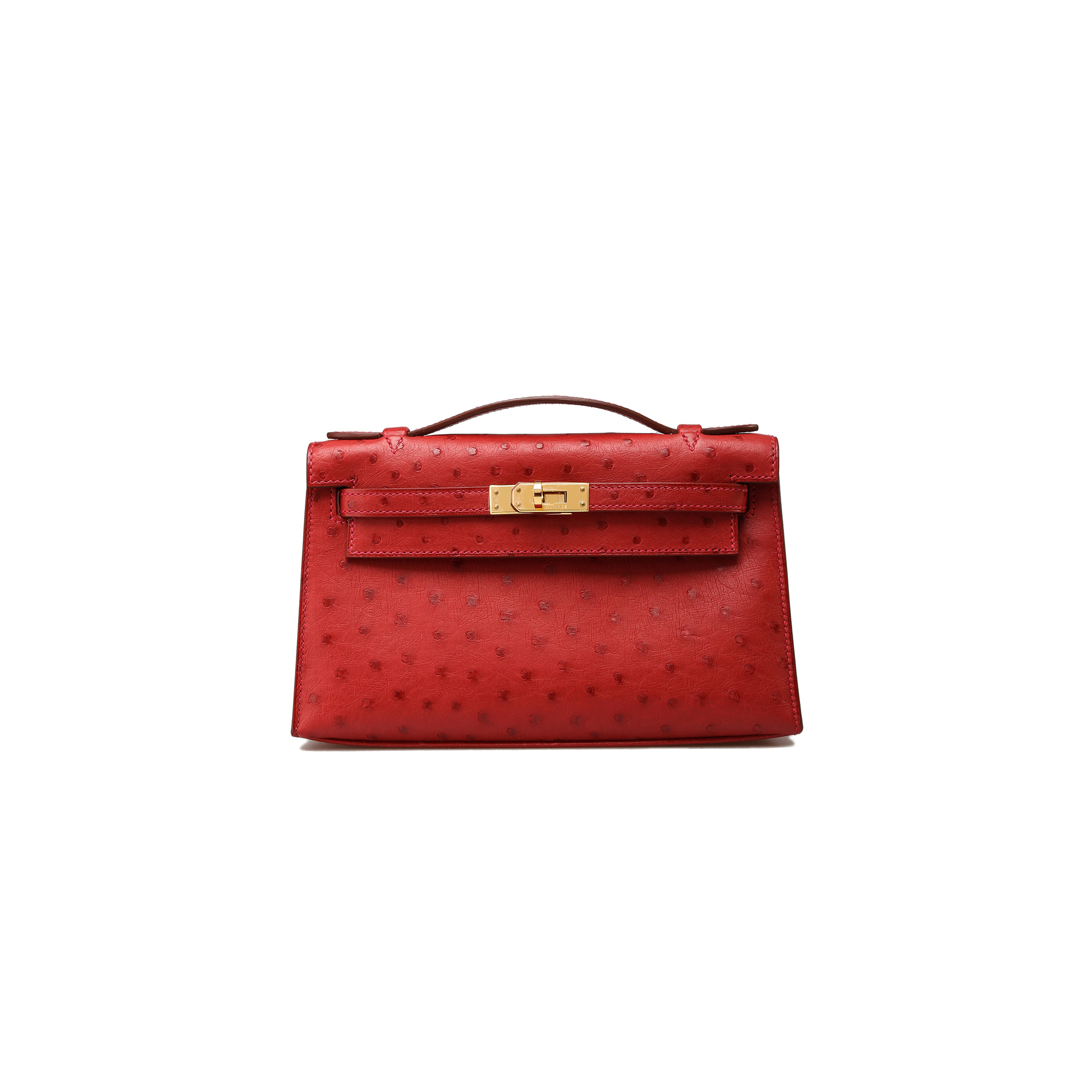 H**mes master kelly pochette bag rouge vif red ostrich clutch gold hardware (22*14*7cm)